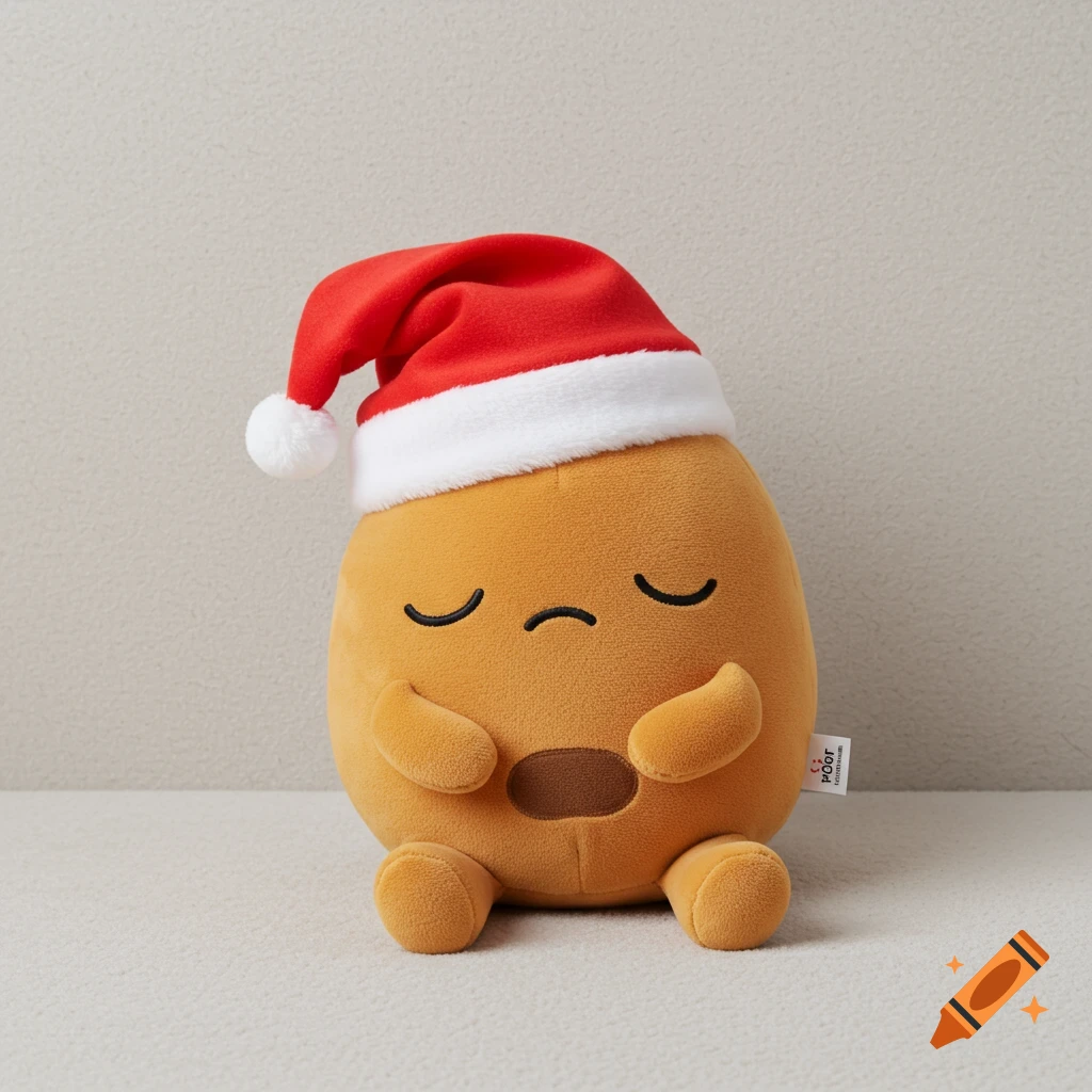 A sleeping brown potato plush toy wearing a red and white Santa hat
