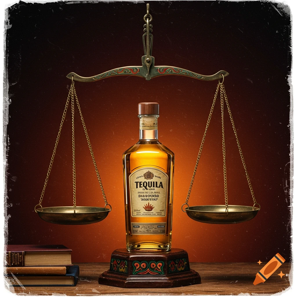 A bottle of tequila balanced on a scale of justice next to a stack of books.