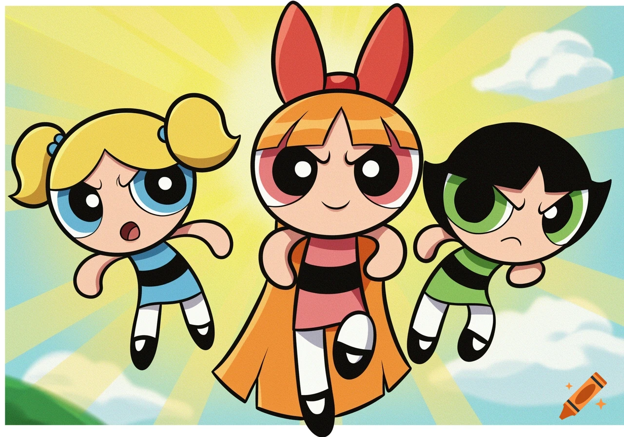 Blossom, Bubbles, and Buttercup flying against a bright yellow and blue sky.