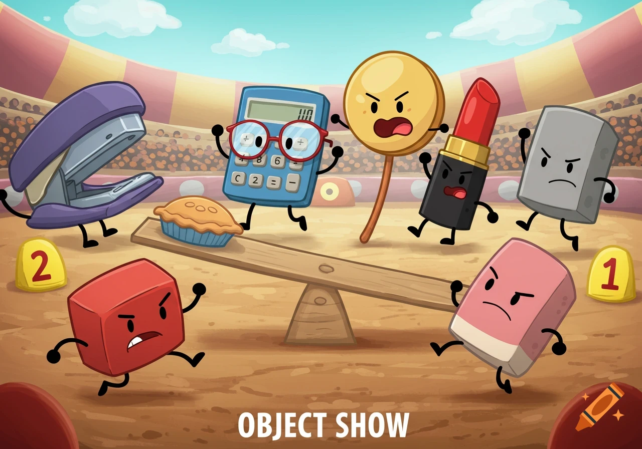 Cartoon anthropomorphic office supplies and objects on a seesaw in an arena with text 'Object Show'.