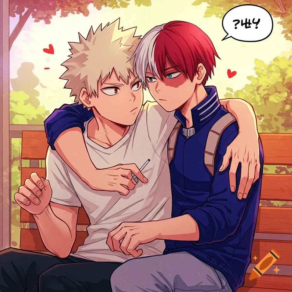 Two male anime characters embracing on a park bench in WEBTOON style art.