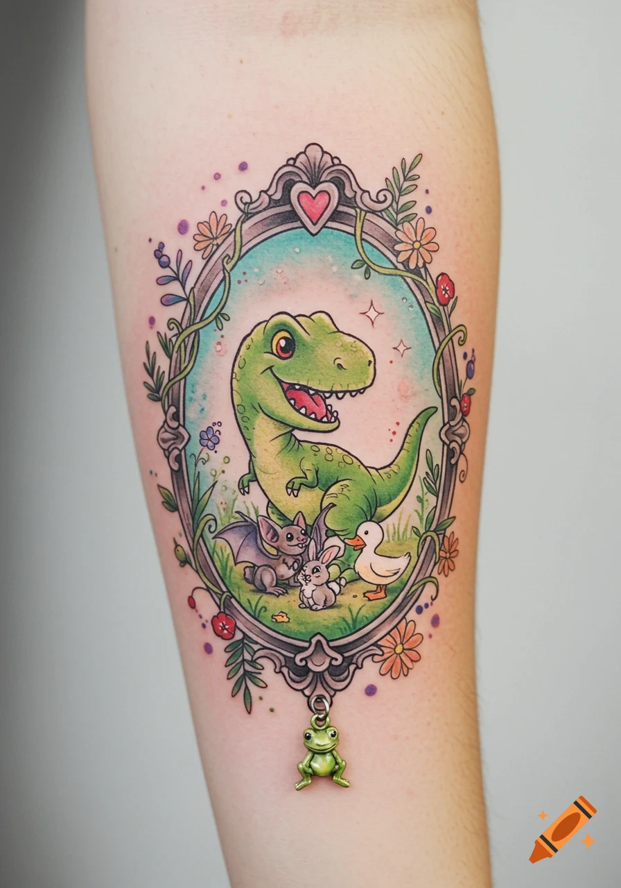 Tattoo on forearm of a cute cartoon dinosaur, bat, bunny, and duck in an ornate frame with vines, flowers, and a frog charm hanging below.