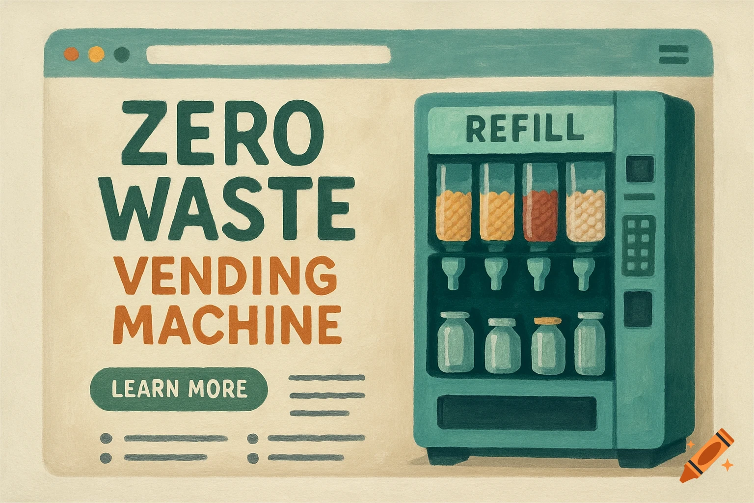 Illustration of a web page featuring text "Zero Waste Vending Machine" and a refill vending machine.