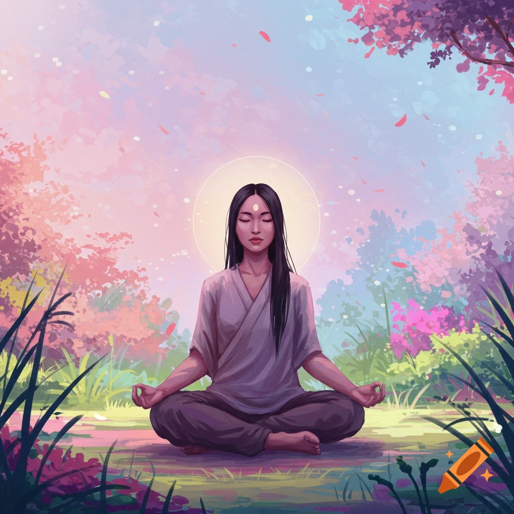 A woman meditates in the lotus position in a lush, colorful landscape with pink trees and falling petals, in a painterly style.