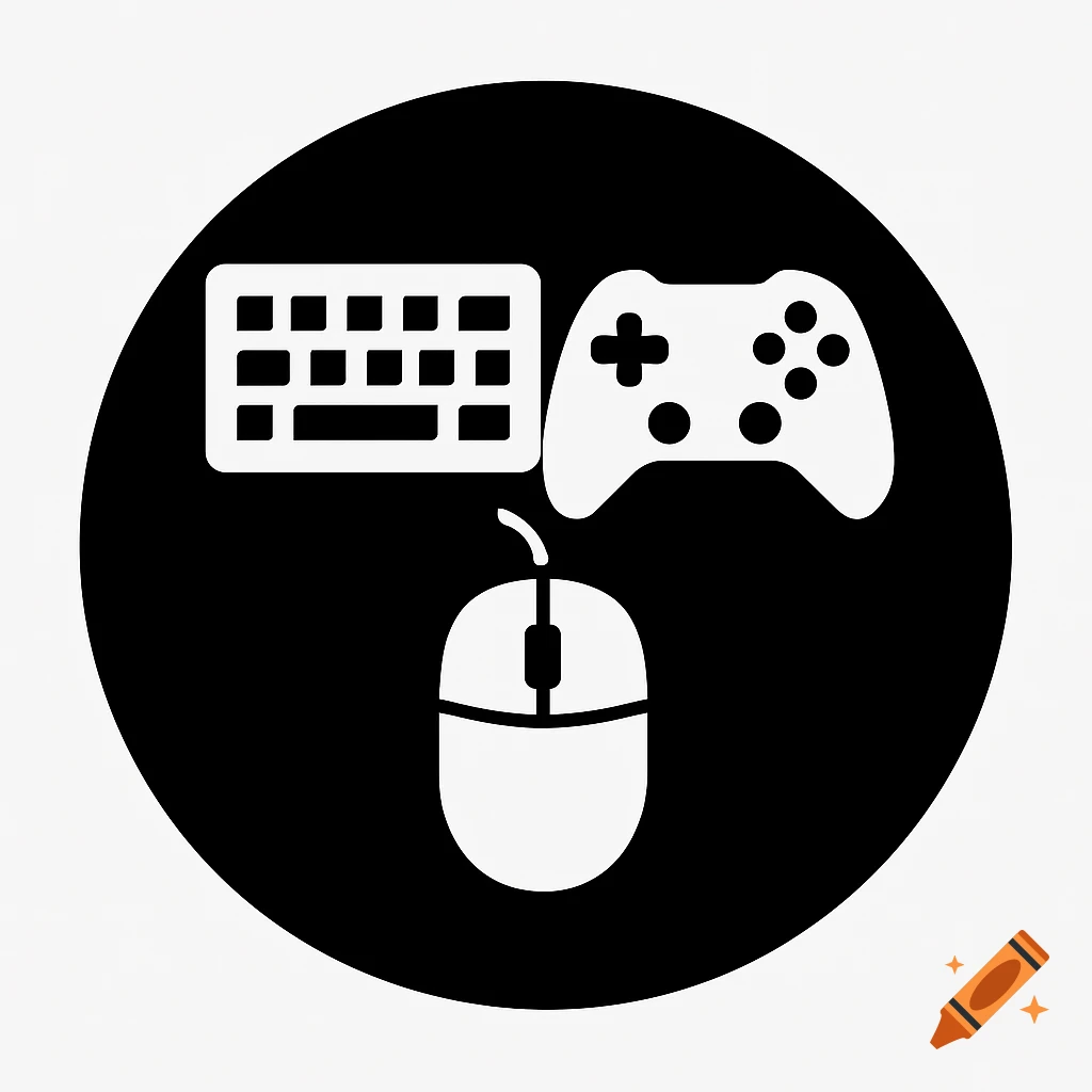 Black circle icon containing white silhouettes of a keyboard, game  controller, and mouse. on Craiyon, image size:1024x1024