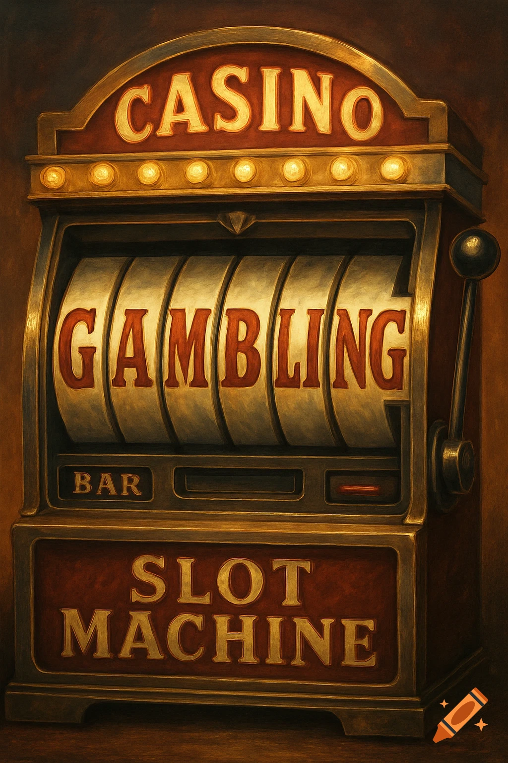 Illustration of an old slot machine with 'CASINO', 'GAMBLING', 'BAR', and 'SLOT MACHINE' visible.
