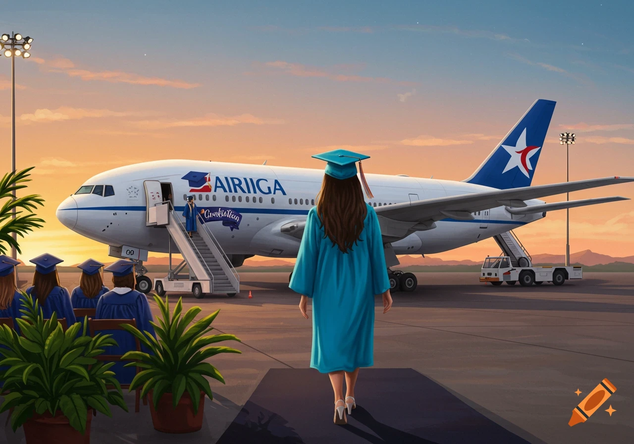 Illustration of a graduate walking toward an airplane on a runway at sunset, with others watching
