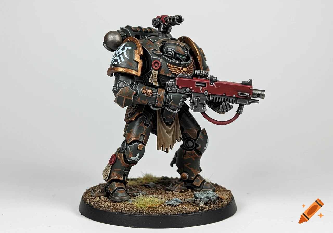 Painted miniature of a Warhammer 40k Space Marine in grey and copper armour holding a red rifle.