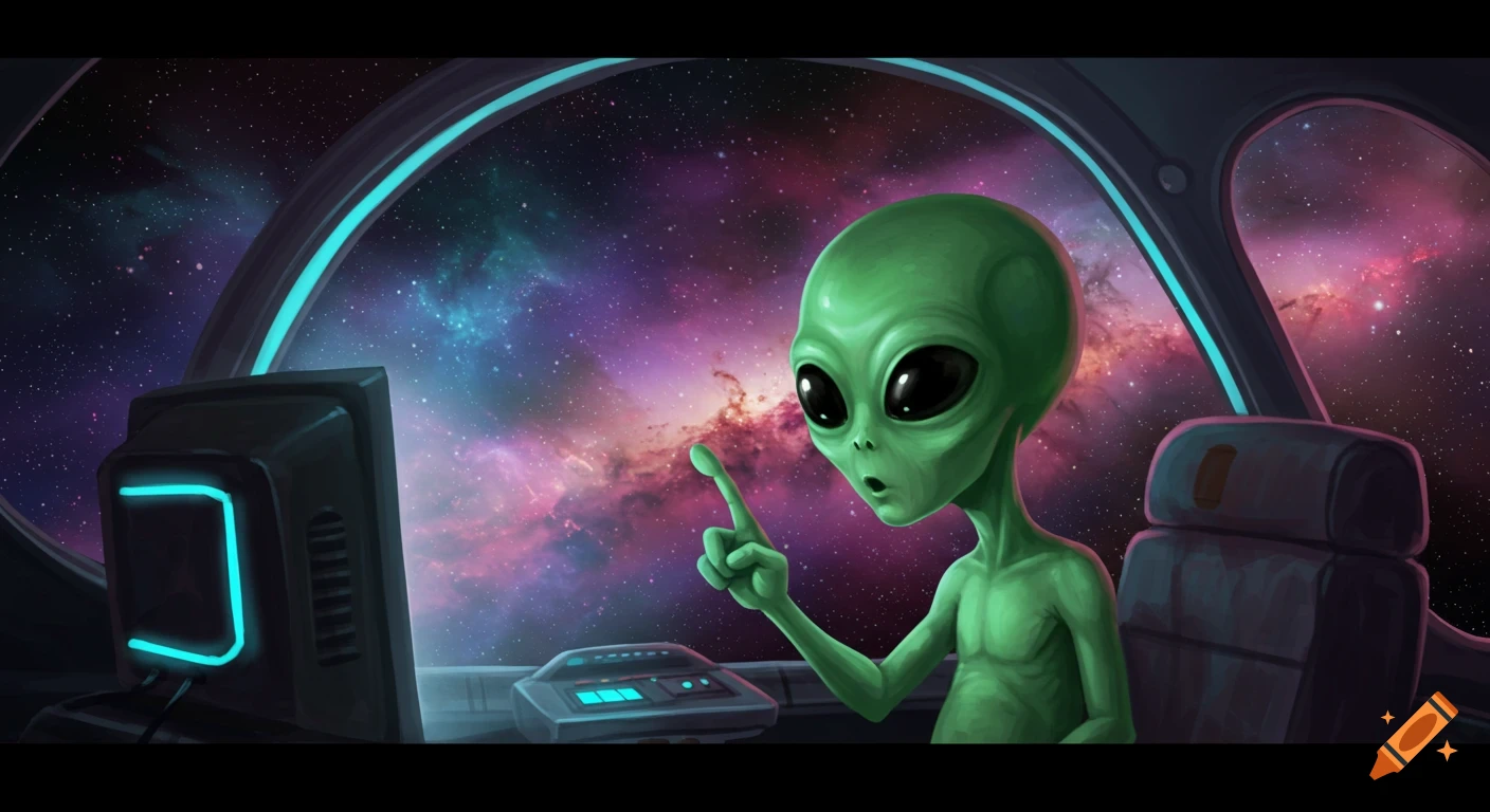 A green alien sits in a spaceship cockpit looking at a monitor with a nebula visible outside.