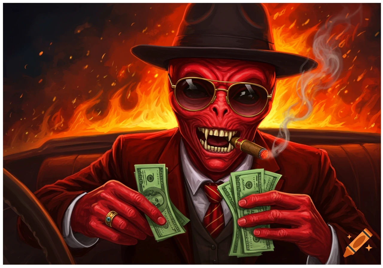 Red demon-like figure in a car, wearing a hat and sunglasses, holding money and smoking a cigar with flames behind him.