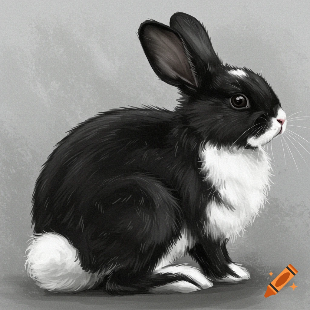 A black and white rabbit sits facing right.