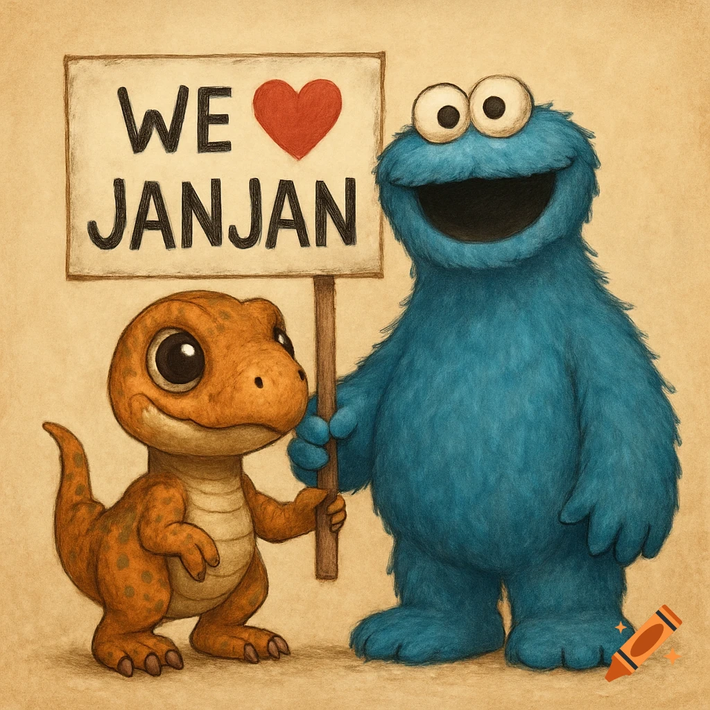 Cookie Monster and an orange dinosaur holding a sign that says WE ❤️ JANJAN, illustration style.