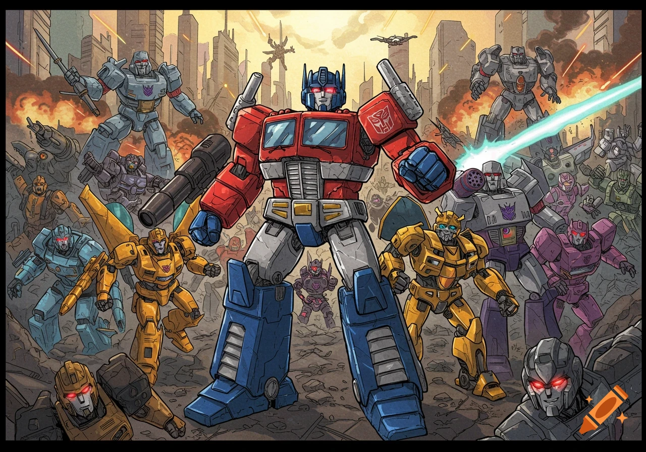 Optimus Prime, Megatron, Bumblebee, and other Transformers characters battle in a city, rendered in a comic art style.