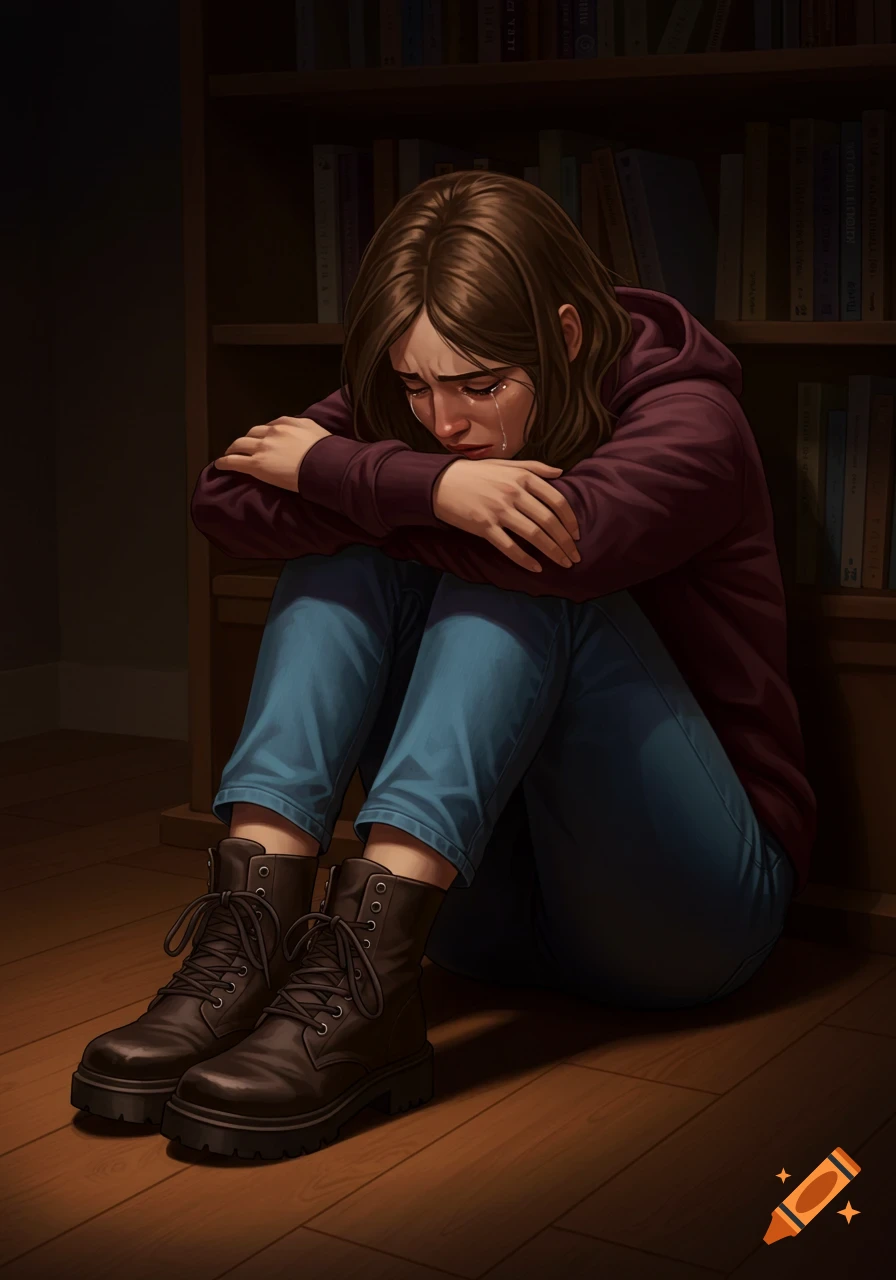 Illustration of a crying woman sitting on the floor in front of a bookshelf