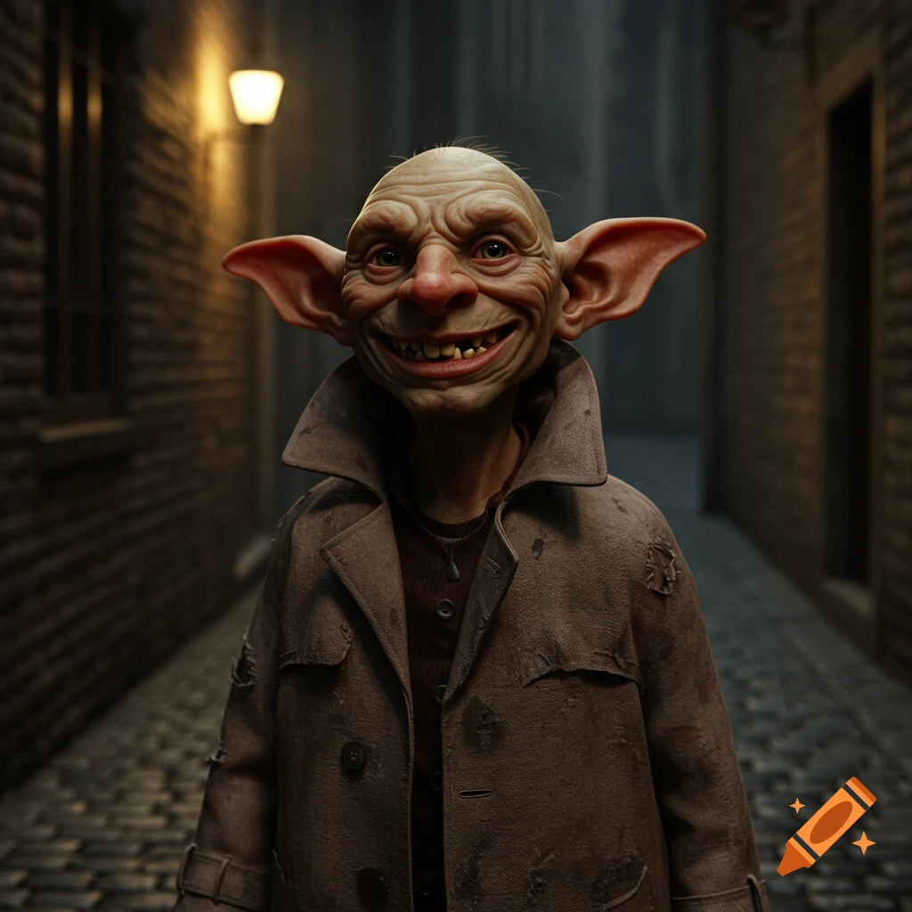 A smirking goblin in a trench coat stands in a dark alley.