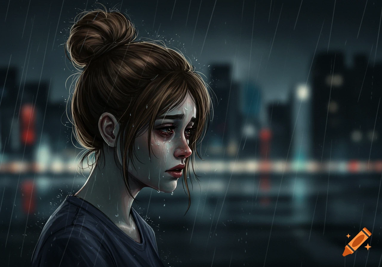Digital art portrait of a woman with a bun hairstyle crying in the rain against a blurry city background.