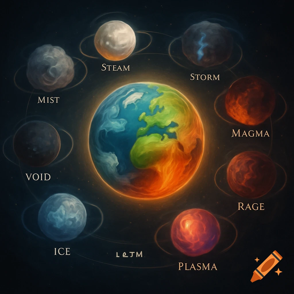 A central planet depicting elements Earth, Wind, Water, Fire, surrounded by eight smaller elemental planets labeled: Mist, Steam, Storm, Magma, Rage, Plasma, Ice, Void.