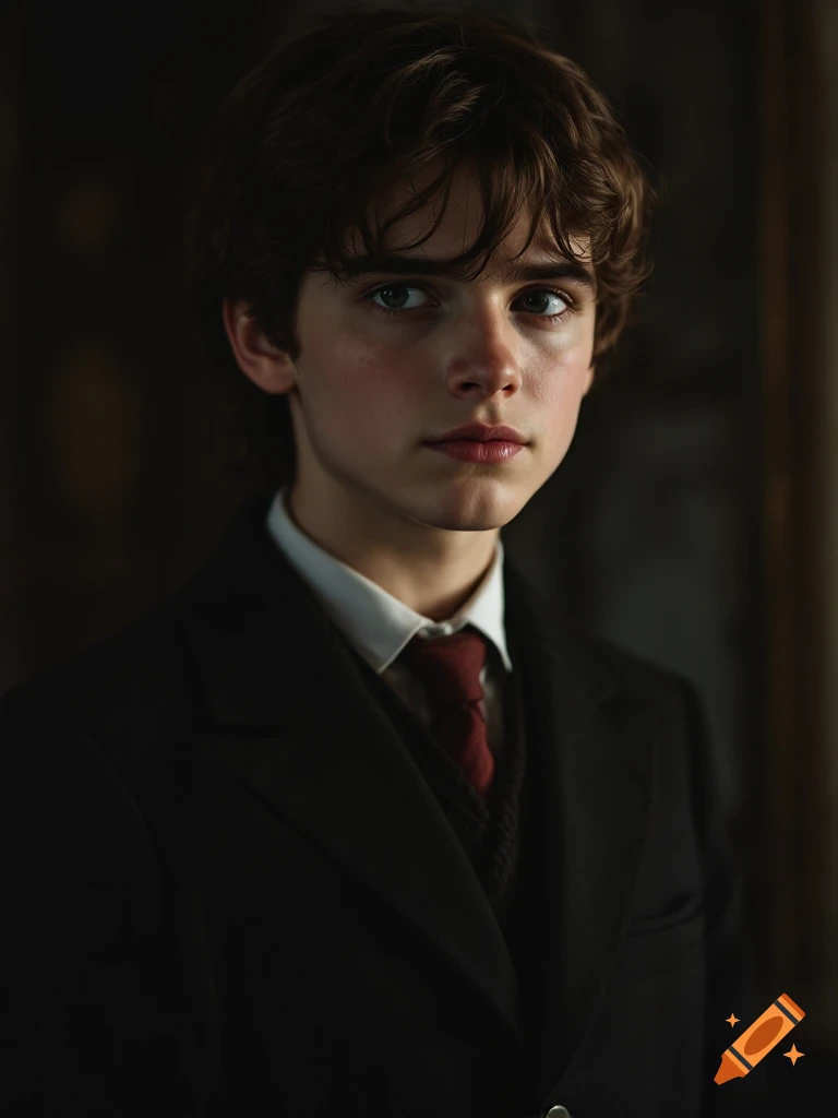 Photorealistic portrait of a young boy in a dark suit, white shirt, and red tie, looking directly at the camera.