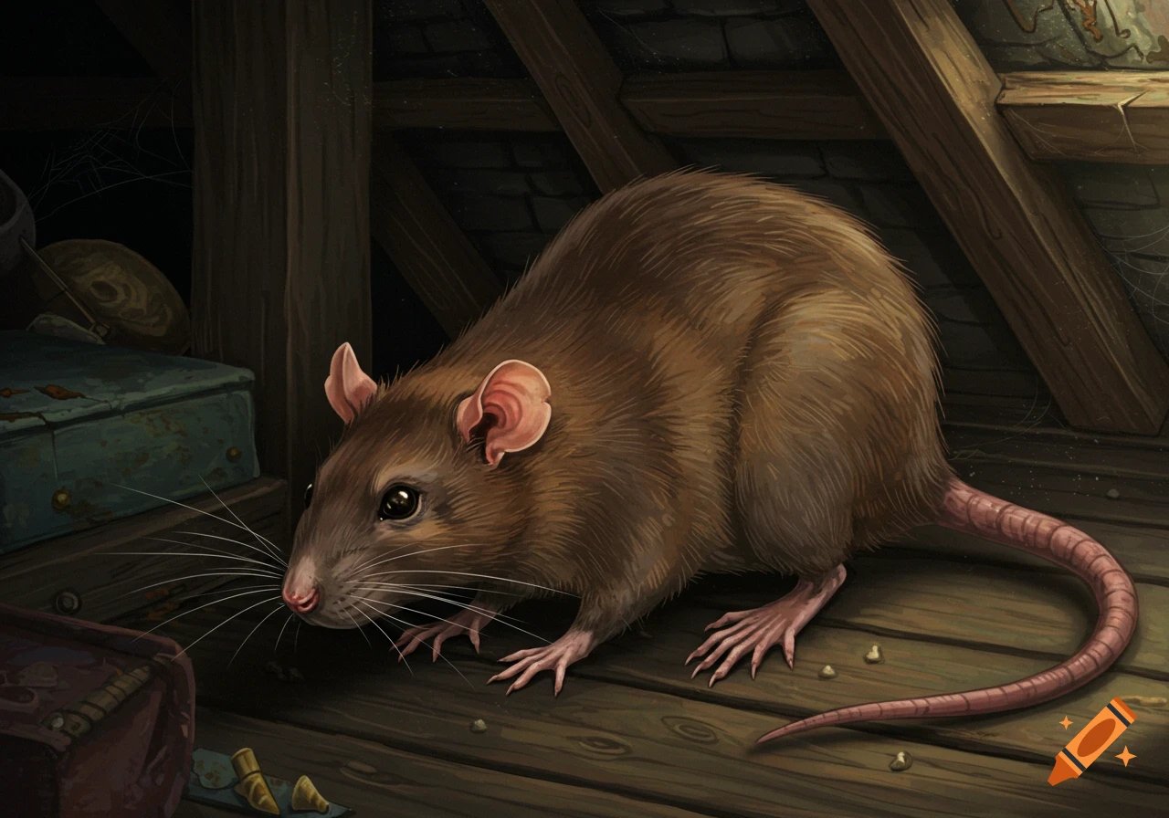 A brown rat sits on a wooden floor in a dark attic.