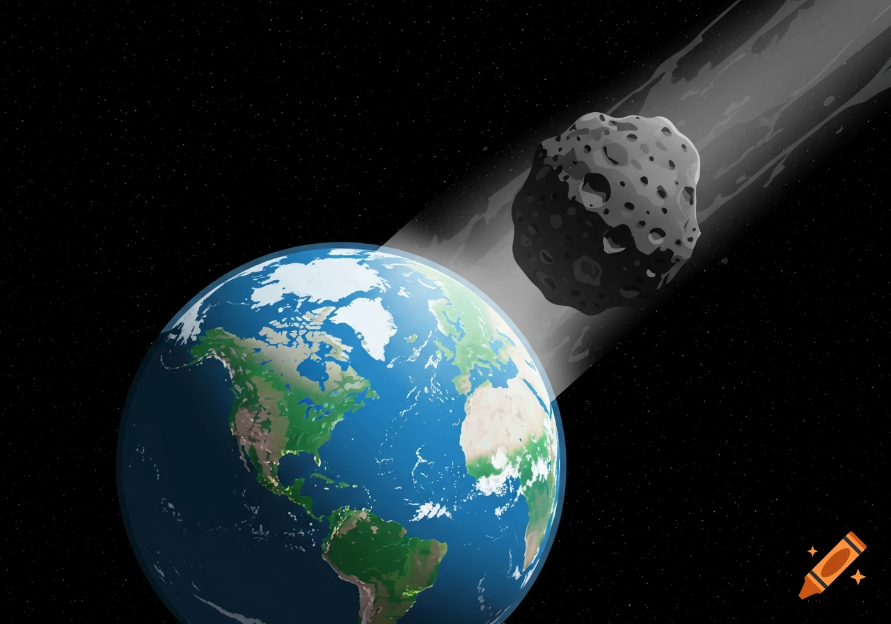 Illustration of a large asteroid approaching Earth in space.