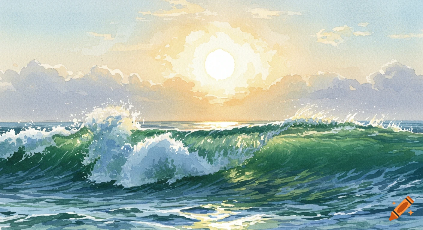 Watercolor painting of an ocean wave at sunset.