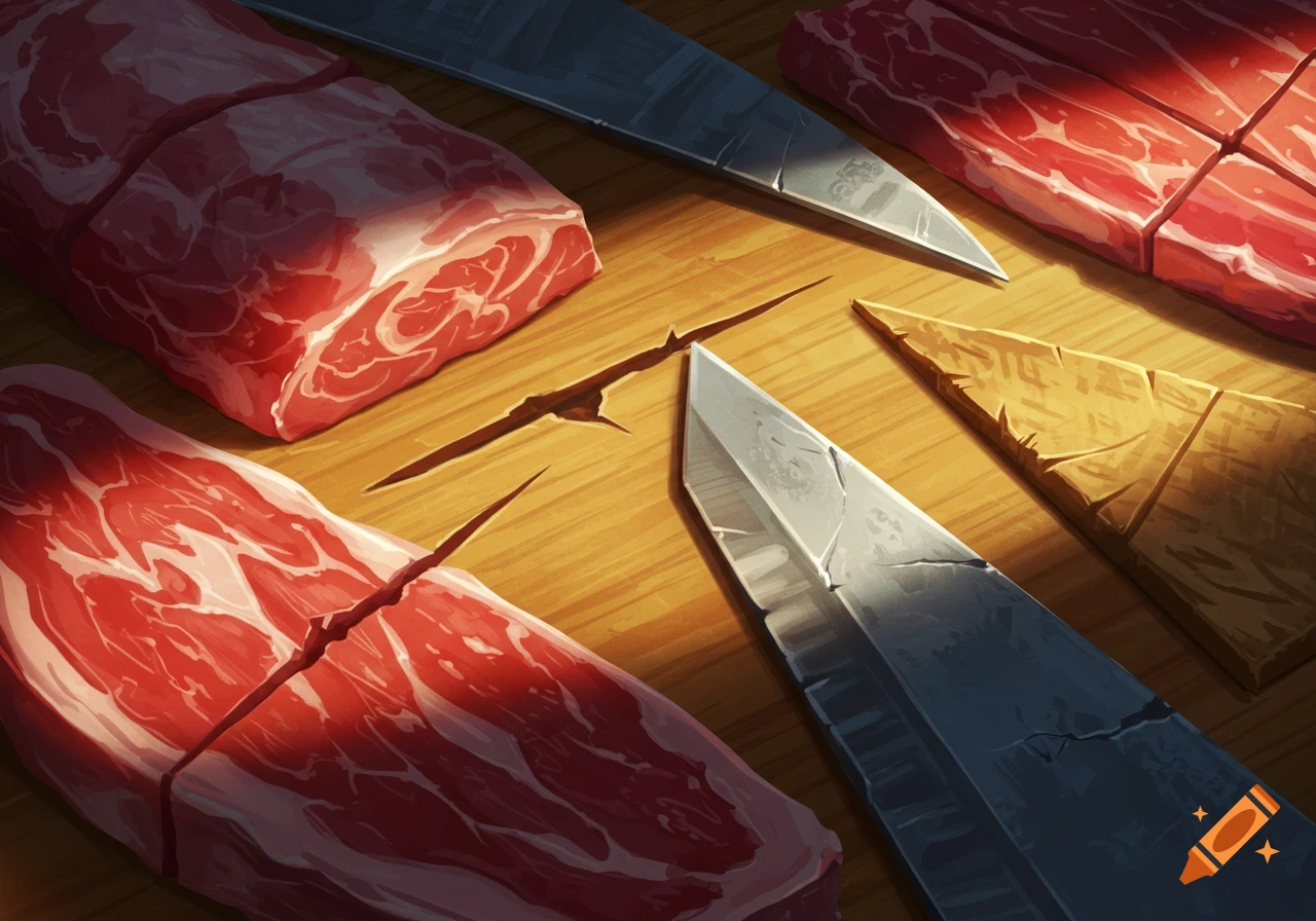Raw cuts of meat and knives on a wooden cutting board.