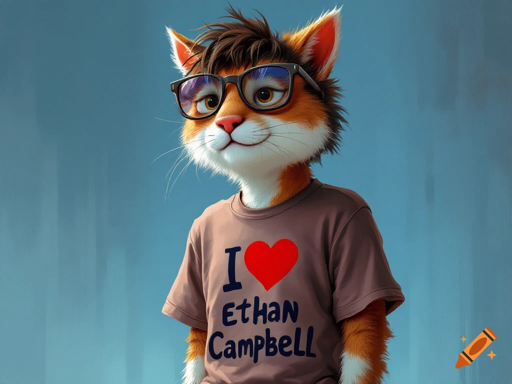 An anthropomorphic cat wearing glasses and a brown t-shirt that says 'I love Ethan Campbell'.