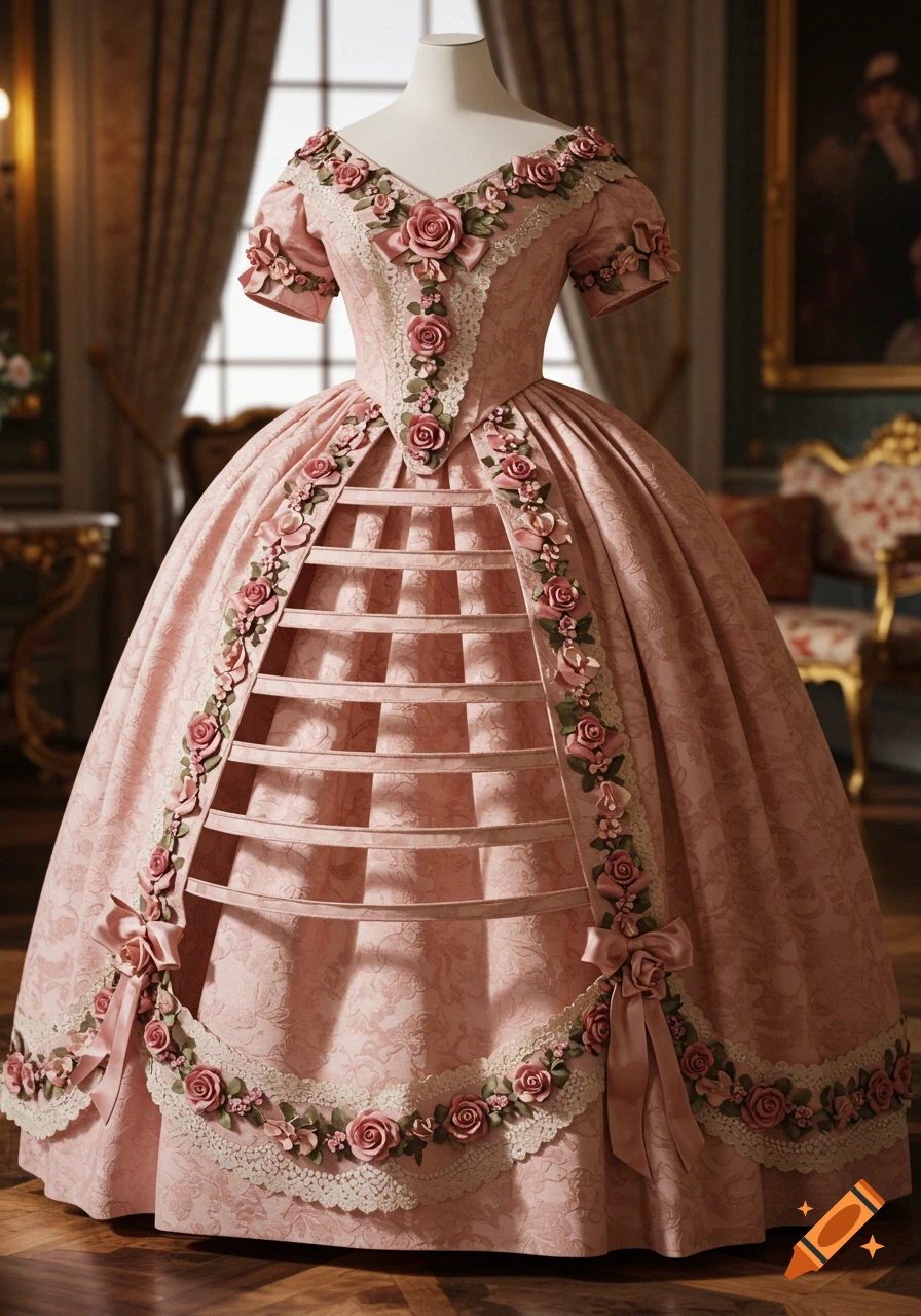 Pink hoop skirt ball gown with rose and ribbon details on a mannequin in a museum setting.