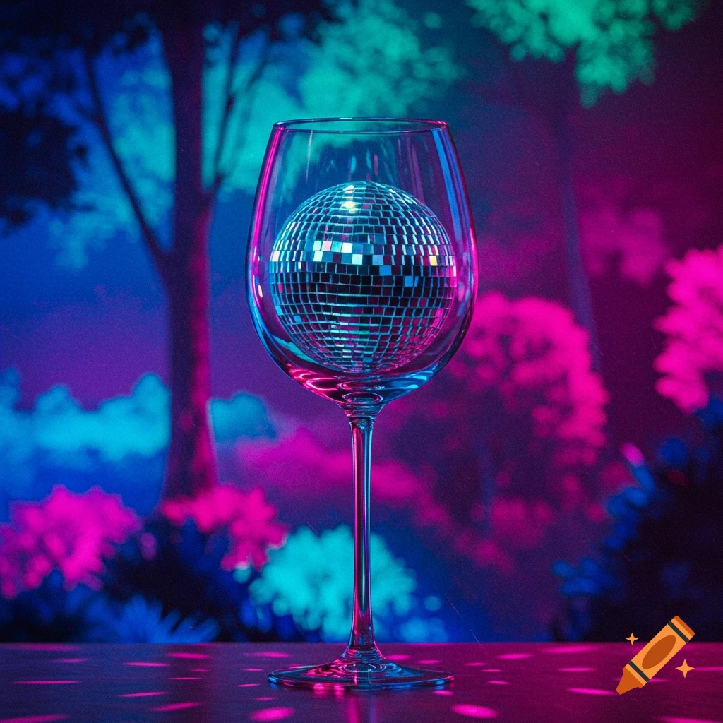A shimmering disco ball sits inside a clear wine glass against a blurred background of neon blue and pink forest colors.