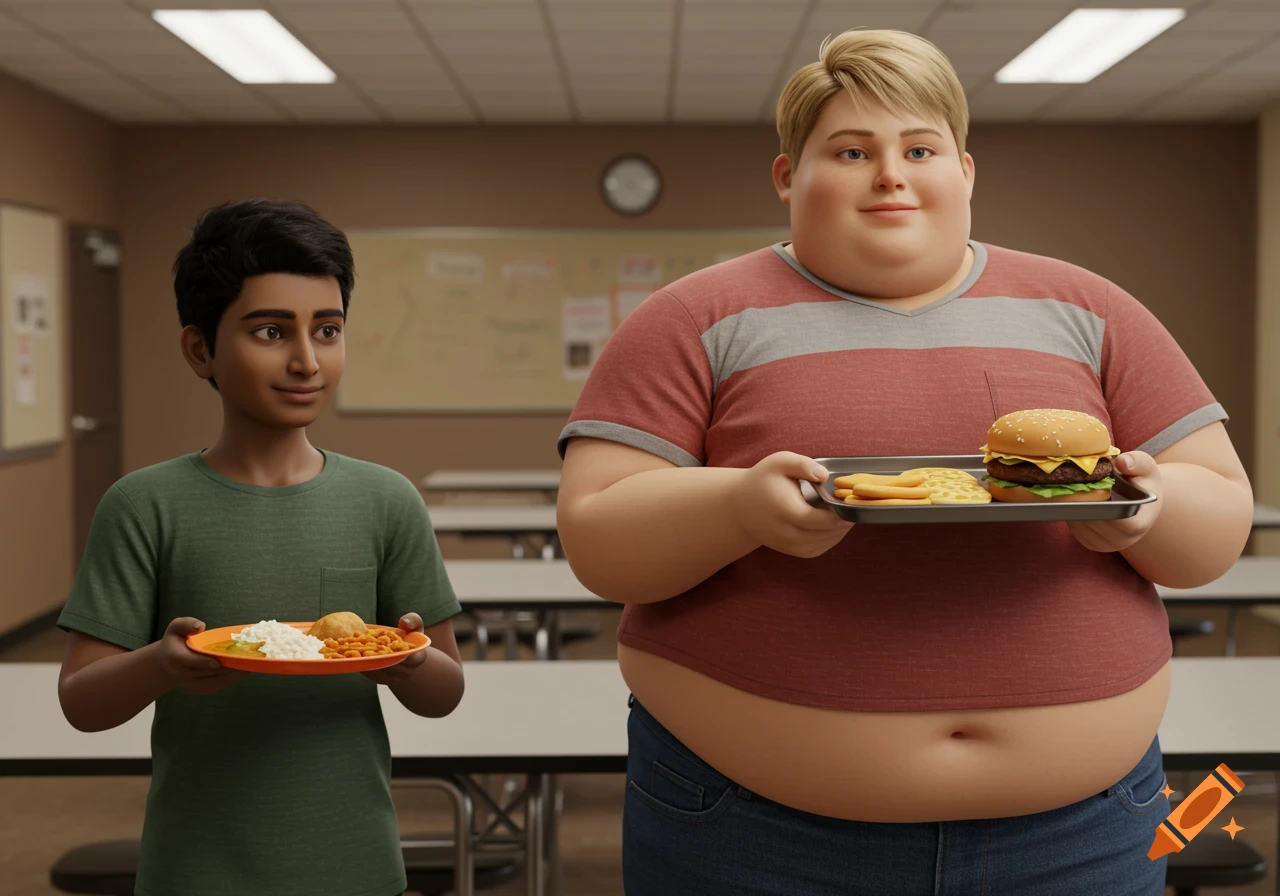 Two cartoon boys hold lunch plates in a cafeteria, one skinny with Indian food, one overweight with American food.
