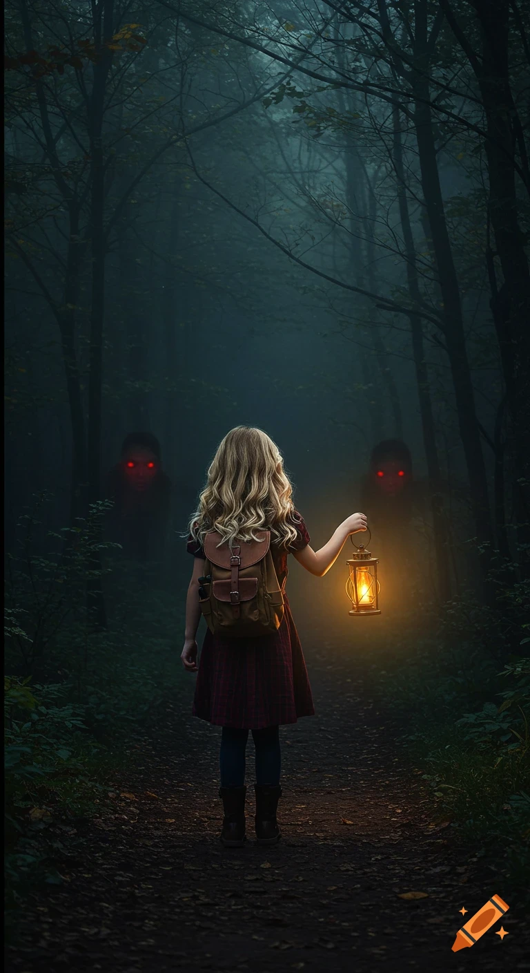 Blonde girl with lantern on dark forest path, spooky figures with red eyes lurk behind her.