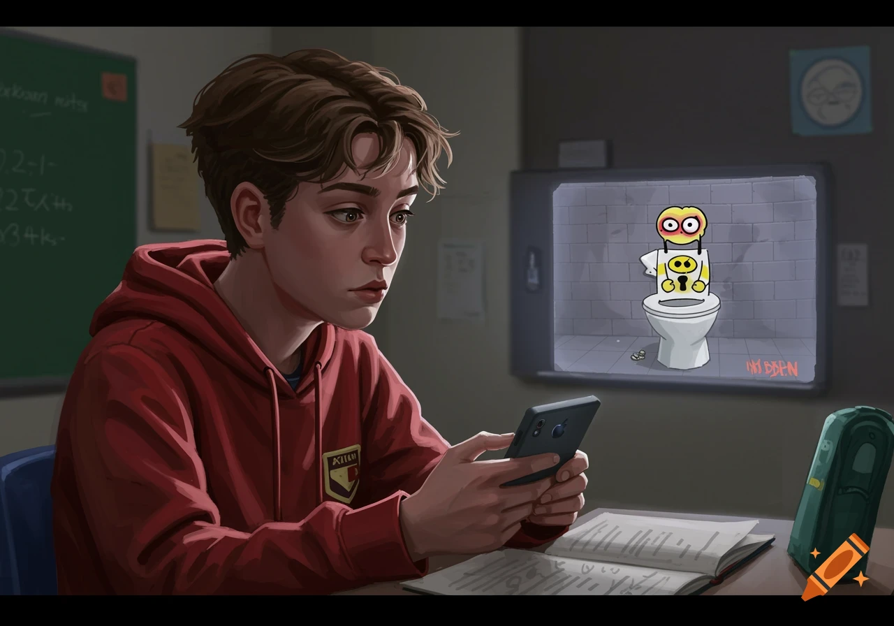 A boy looks at his phone in a classroom, watching a Skibidi Toilet video on a screen.