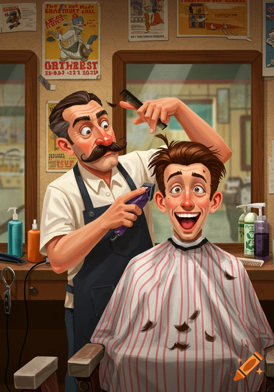 Cartoon illustration of a surprised barber giving a haircut to a smiling client in a barber shop.