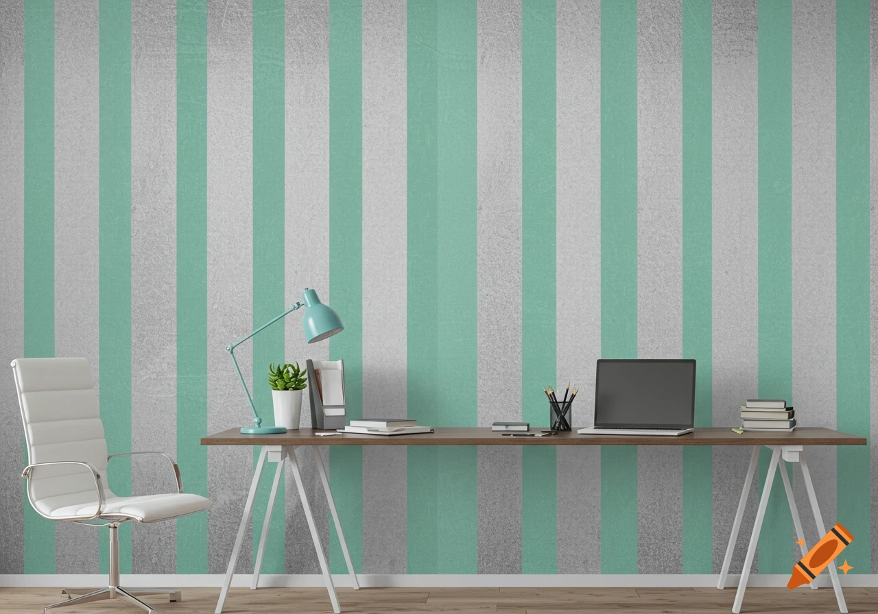 An office desk with a white chair, teal lamp, laptop, and books against a wall with vertical silver and mint green stripes.