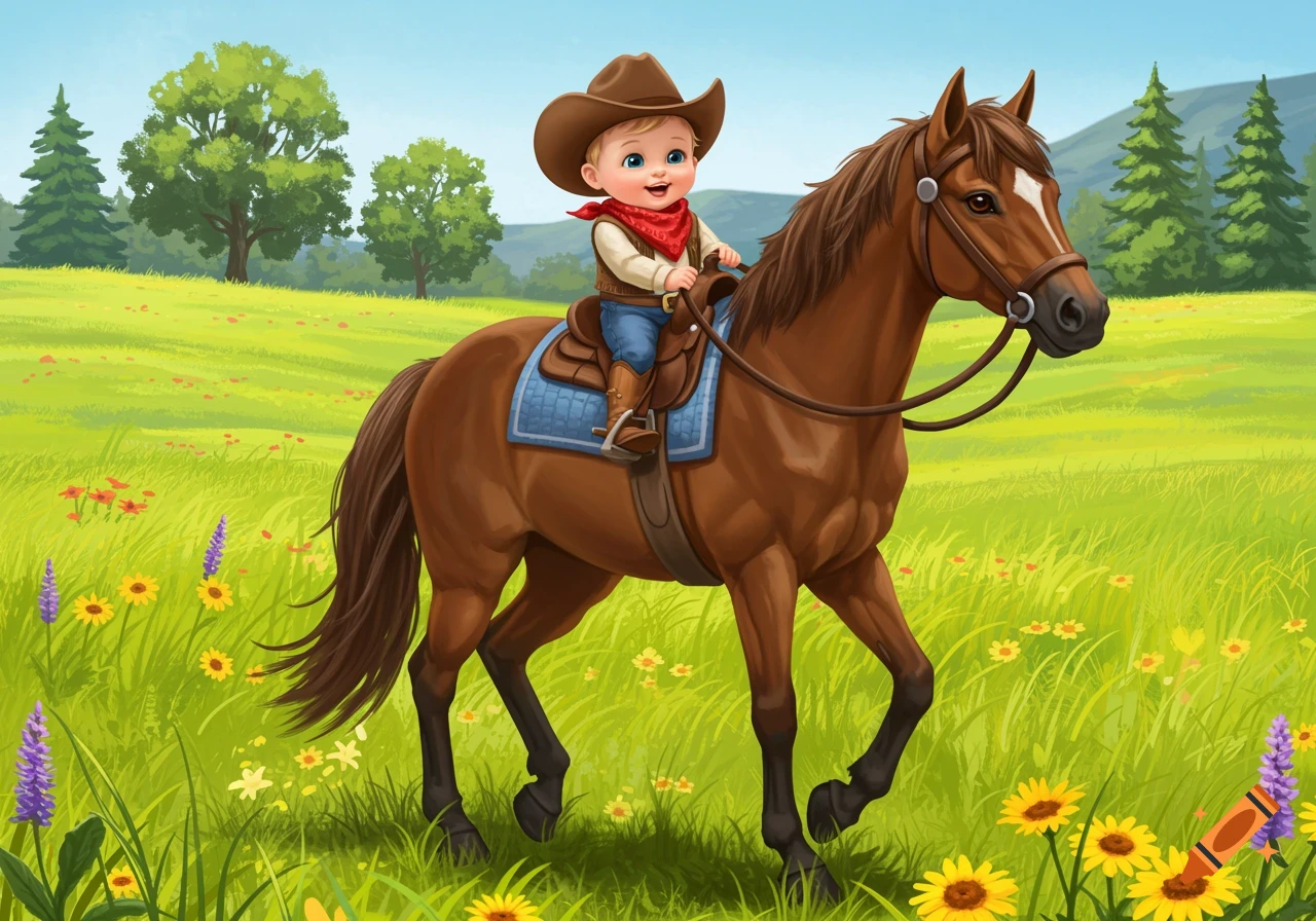 Baby cowboy riding a horse in a sunny field with flowers. Illustration.