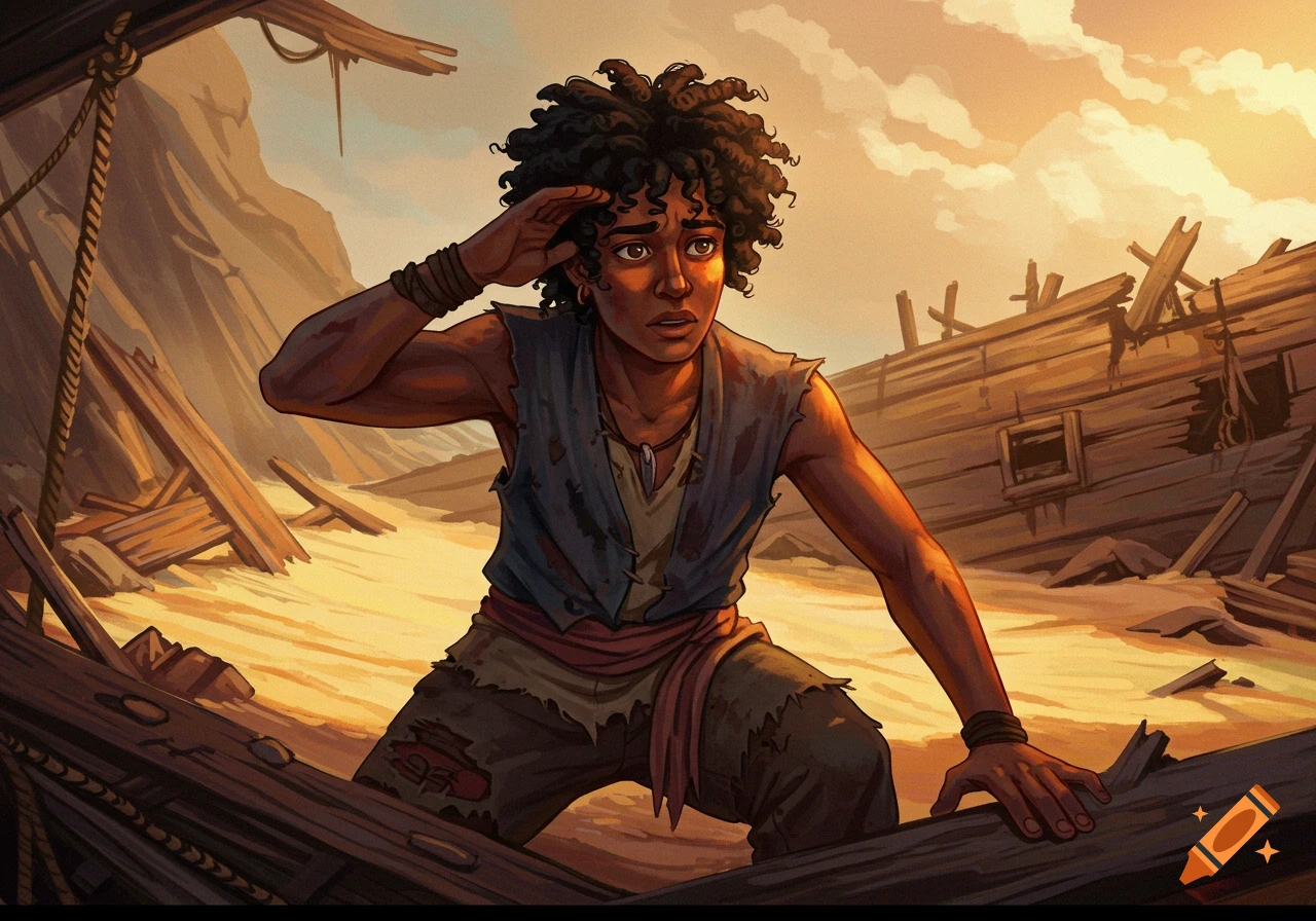 An illustration of a young person kneeling by a shipwreck in a desert, shielding their eyes.