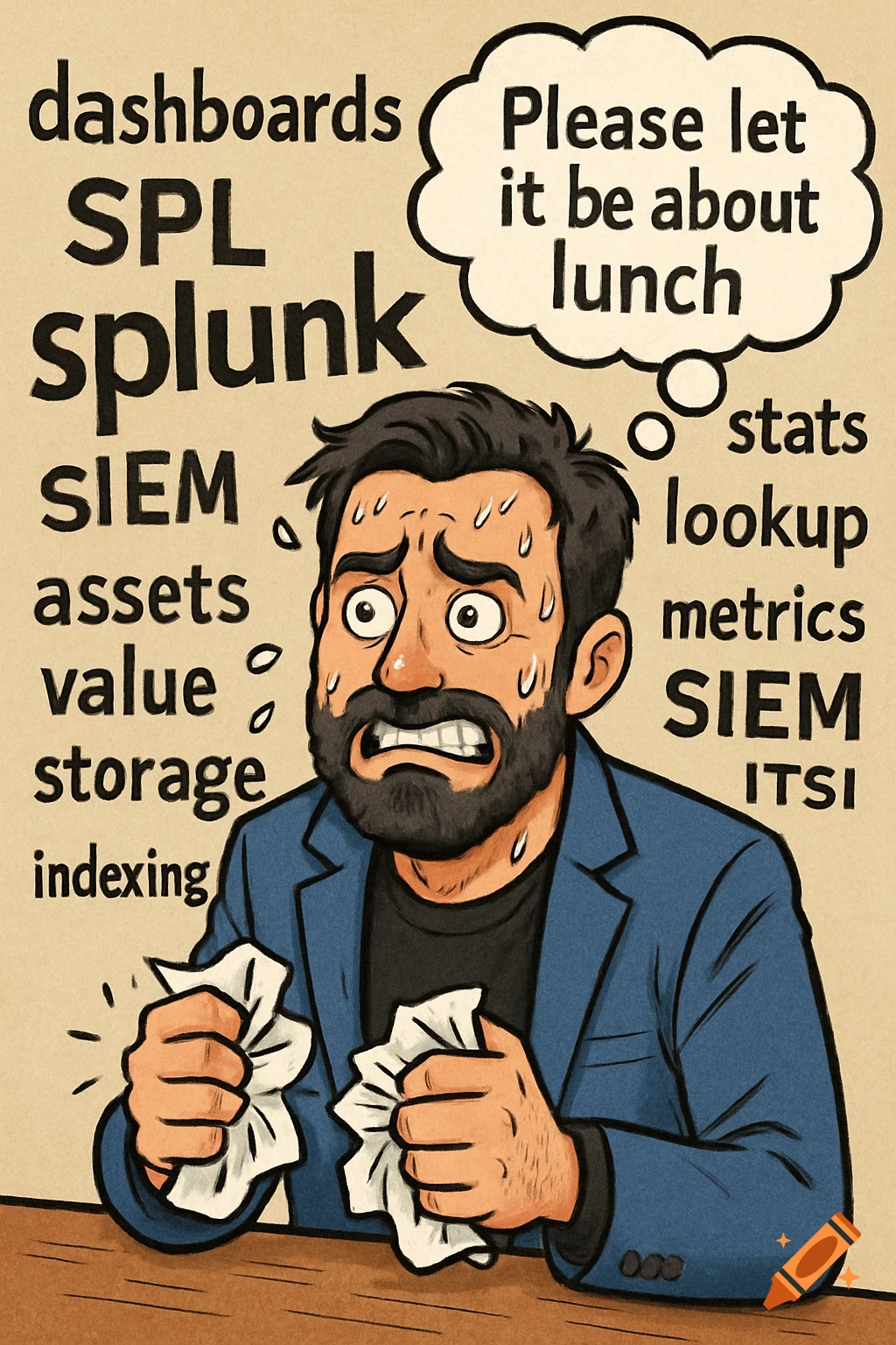 A stressed man tears paper, surrounded by tech terms, thinking "Please let it be about lunch" in a cartoon style.