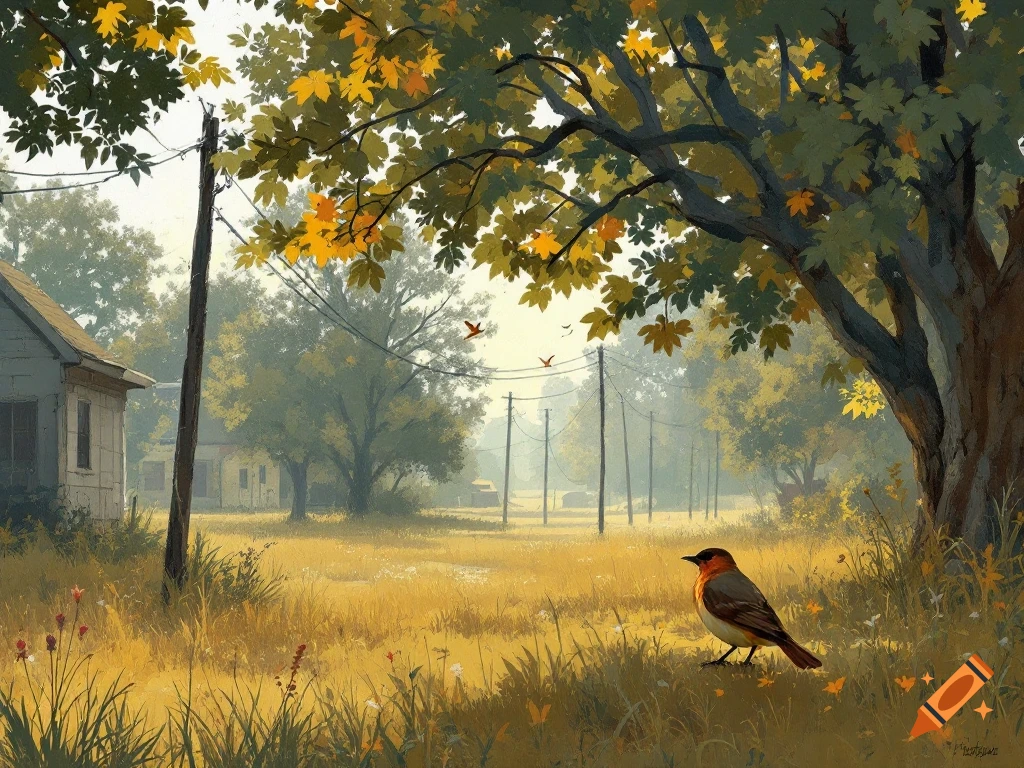Painterly scene of a bird perched in a golden field by a house with autumn leaves on trees and telephone poles.