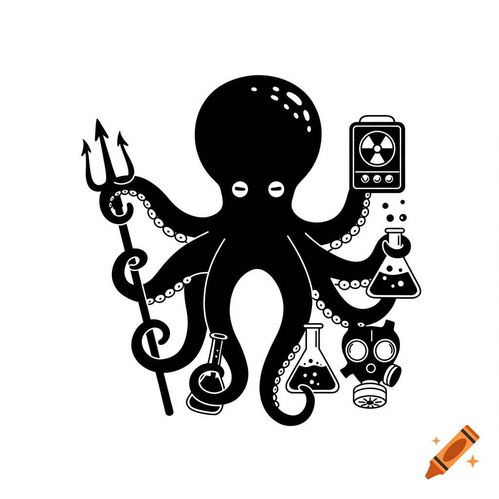 A black and white illustration of an octopus holding a trident, radiation detector, flask, and gas mask.
