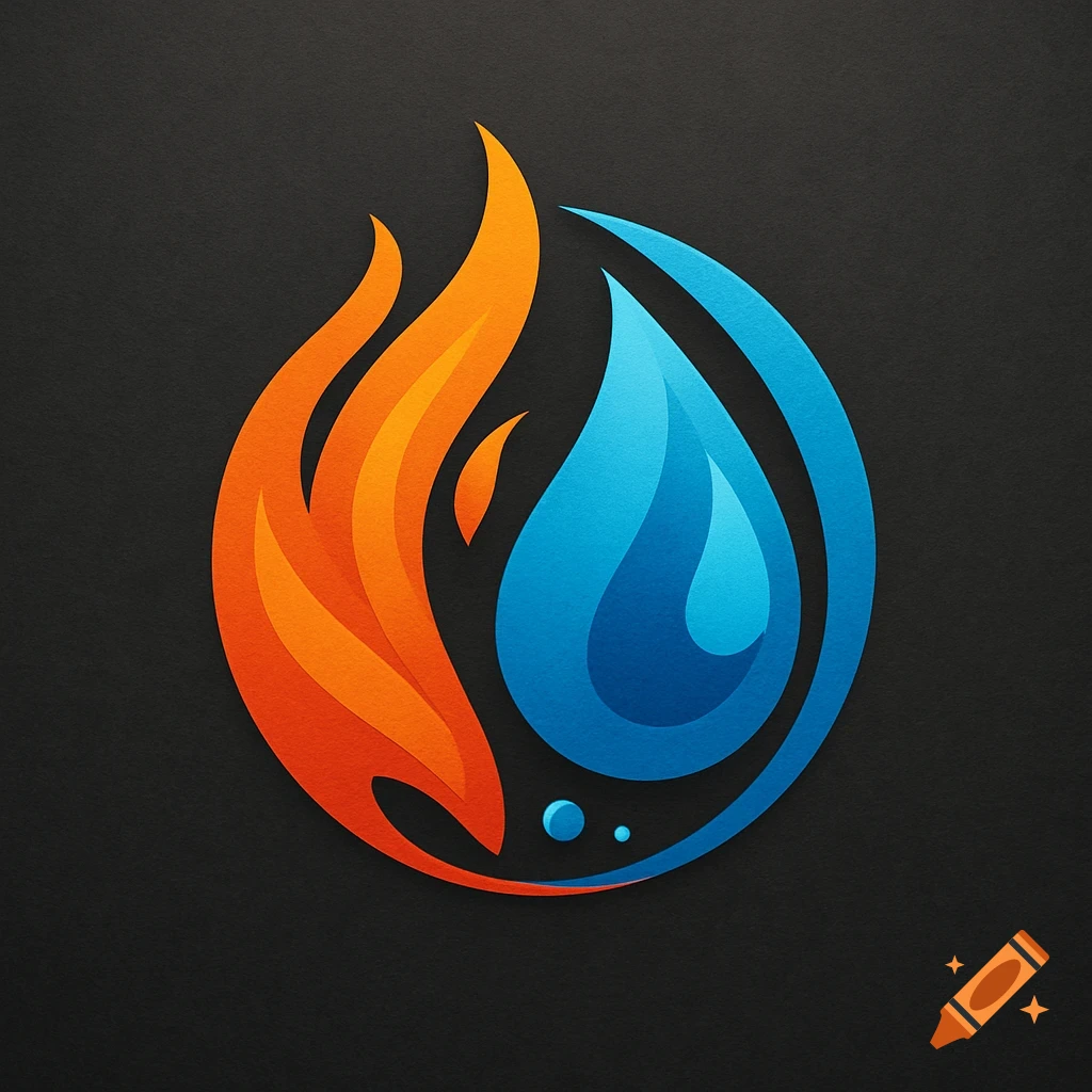 Stylized logo combining orange fire flames and a blue water drop on a dark background.