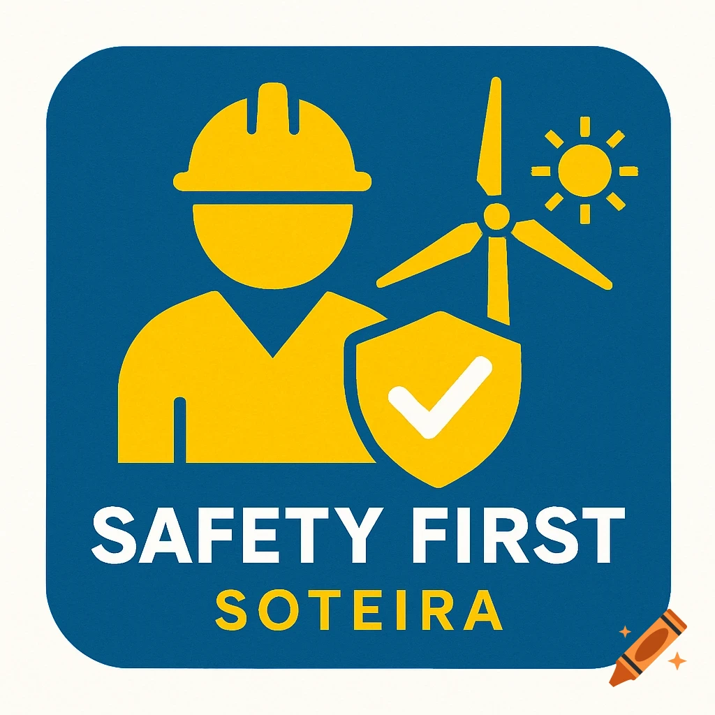 An icon for a safety campaign featuring a person with a hard hat and shield, a wind turbine, sun, and text "SAFETY FIRST SOTEIRA" on a blue background.