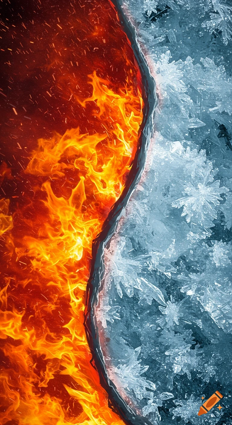 Abstract image splitting fire on the left from ice on the right