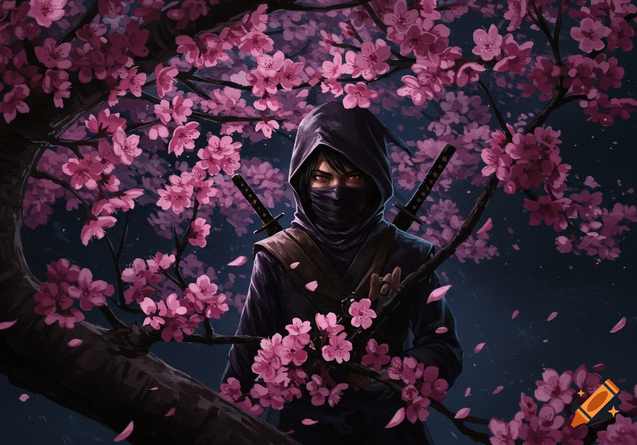 Digital painting of a ninja hiding among pink cherry blossoms at night