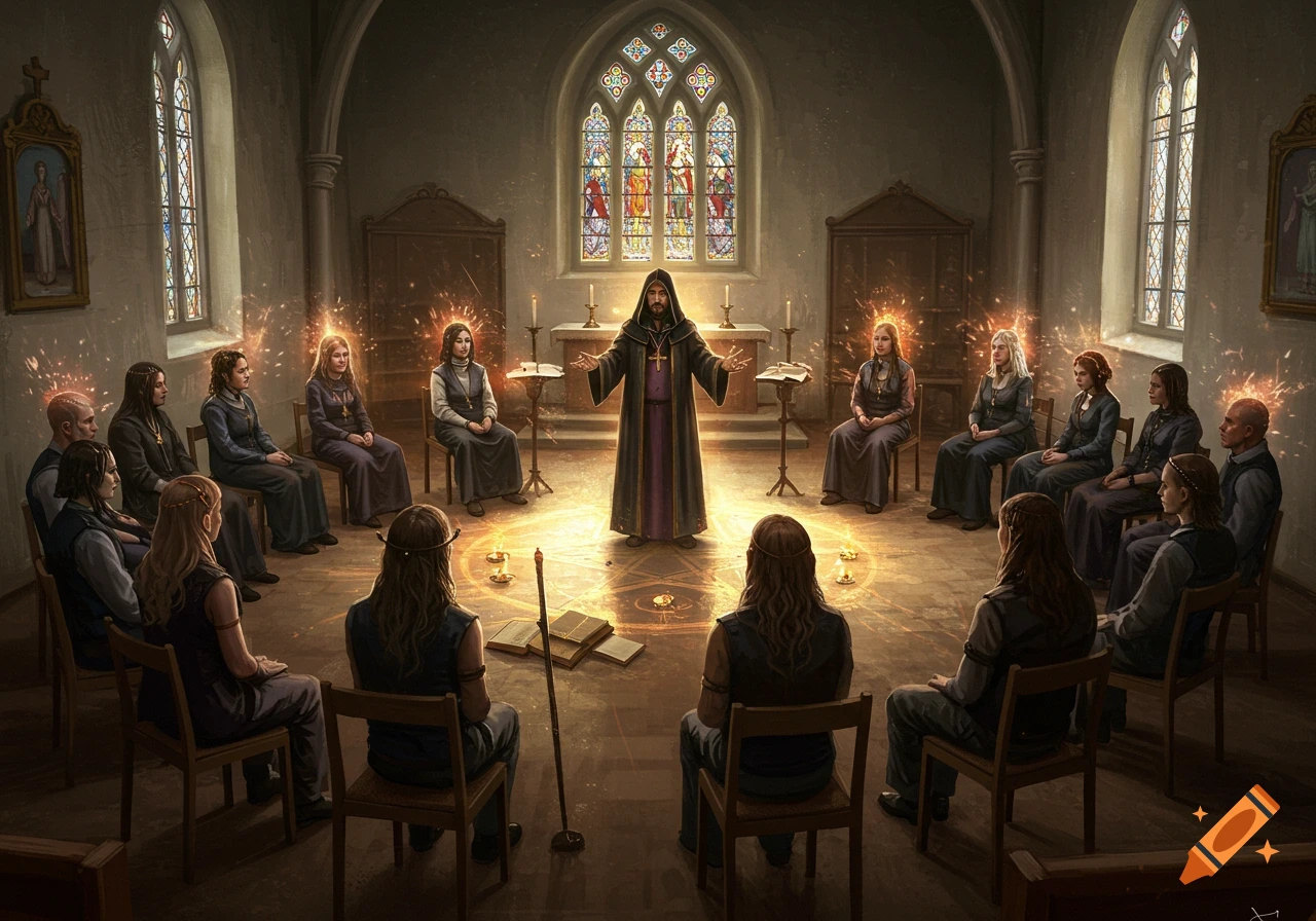 Digital painting of a ritual in a church, with people seated in a circle and a figure standing in the center surrounded by energy.