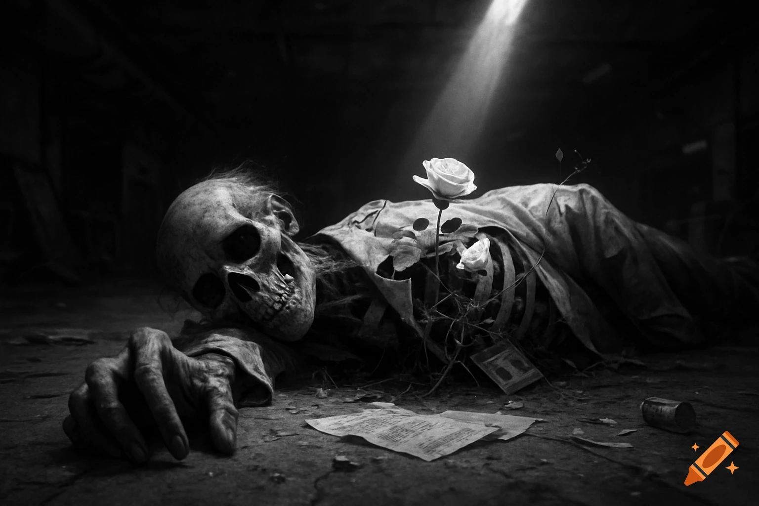 Black and white image of a skeleton lying down with roses growing from its ribcage in an abandoned lab.