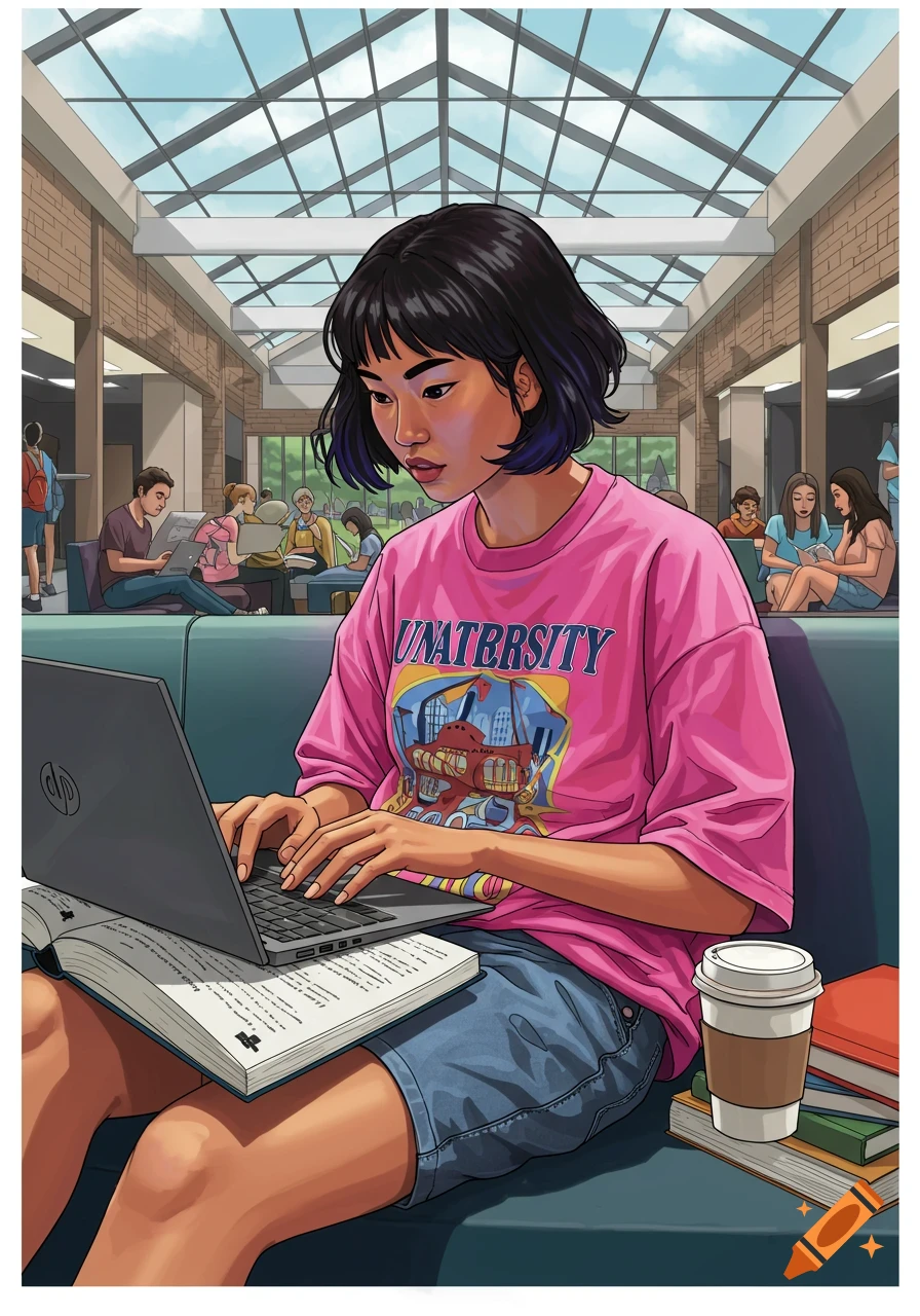 Illustration of a young person studying on a laptop in a busy university library.