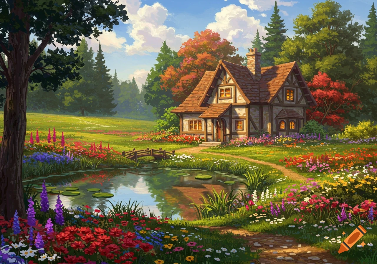 A scenic painting of a cottage by a pond with flowers and trees.