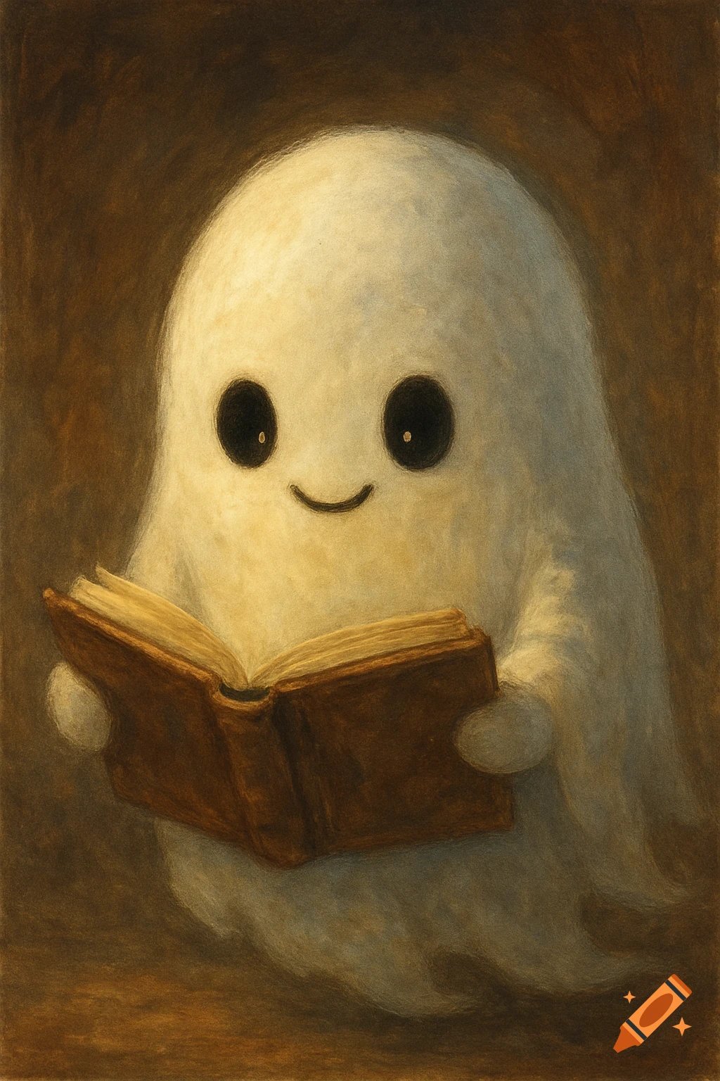 A cute, white ghost with black eyes and a smile reads an open book in a dark, warm-toned room. Stylized illustration.