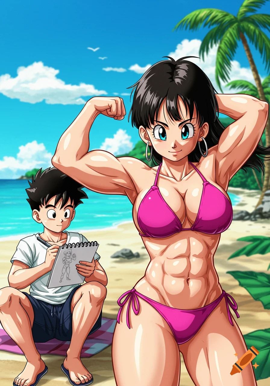 Anime art of Videl flexing in a pink bikini on a beach while Gohan sketches her.