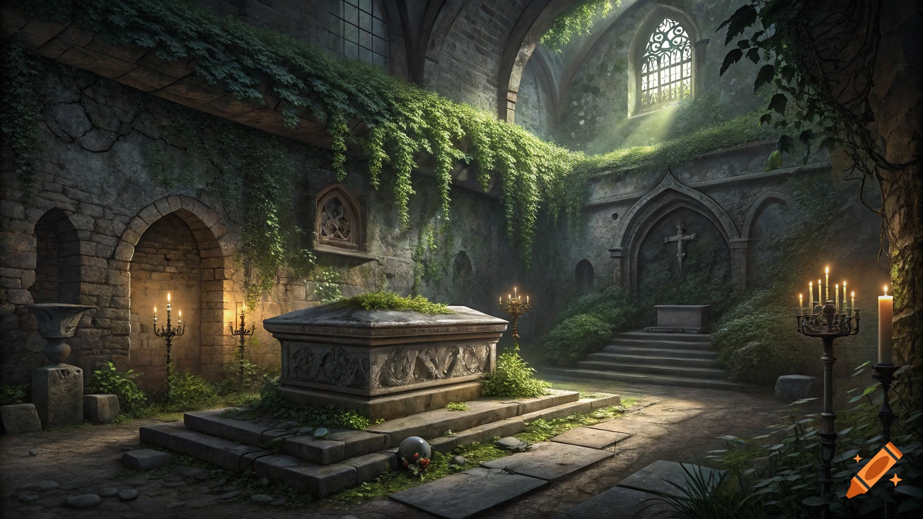 Overgrown stone crypt with a large sarcophagus, illuminated by sunlight streaming through a gothic window.